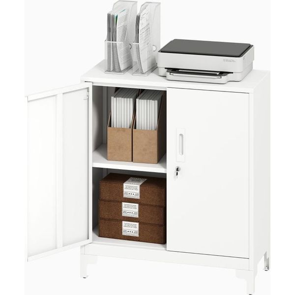 Armadio Da Ufficio Fortuna Lai In Metallo, Ante Con Serratura, Cassettiera Da Ufficio, Design A 2 Livelli, Bianco-image
