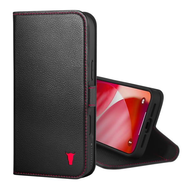 Torro Custodia In Pelle Per Iphone 17 Pro Max (Ricarica Magsafe) - Nero Con Dettagli Rossi-image