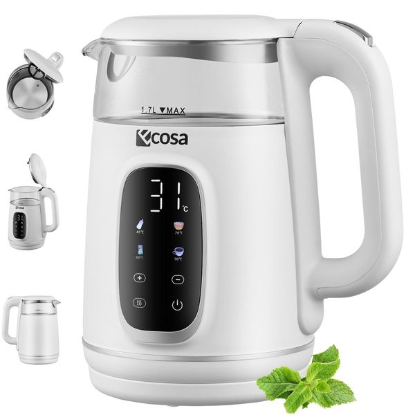 Ecosa Glas Wasserkocher M. Temperatureinstellung Farb-Touchdisplay 1.7L 2200W Weiß-image