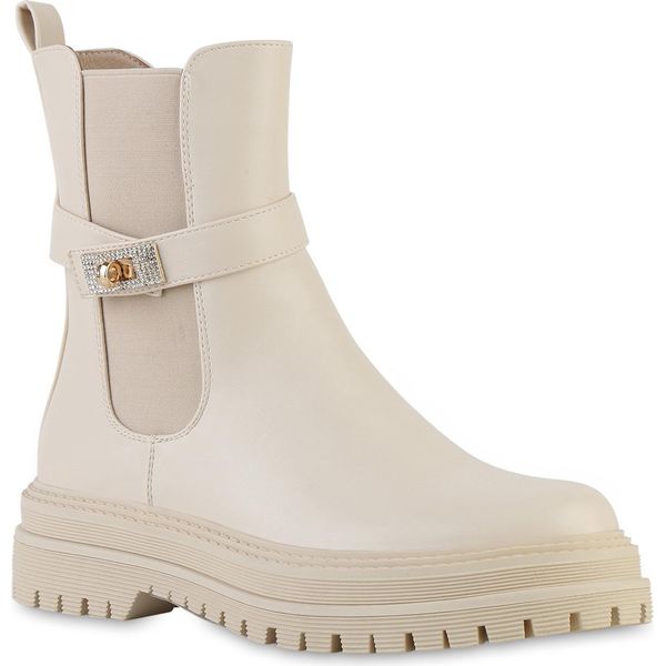 Van Hill Donna Stivali Biker Leggermente Foderati Stivali Stivaletti Fibbie Scarpe 841822, Colore: Beige, Taglia: 37-image