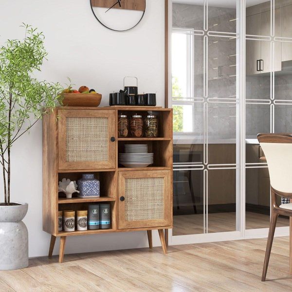 Credenza In Legno, Cassettiera Con 4 Scomparti E 2 Ante, Credenza In Rattan-image