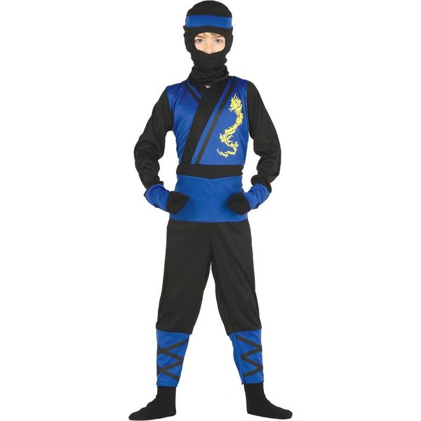 Costume Da Combattente Ninja Blu Nero Carnevale Maschera Triangoli Drago, Taglia: 110/116 Colore: Blu-image