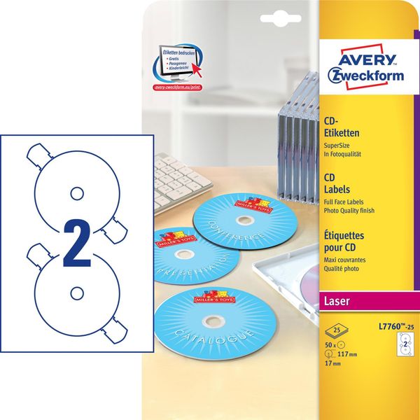 Avery Etichette Cd/Dvd A Tutta Faccia - Etichette Rivestite, Lucide - 50 Etichette (25 Fogli X 2) (L7760-25)-image
