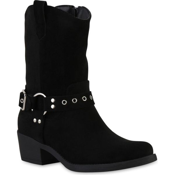 Van Hill Donna Stivali Da Cowboy Leggermente Foderati Stivali Con Fibbie Scarpe 841326, Colore: Nero Velours, Taglia: 37-image