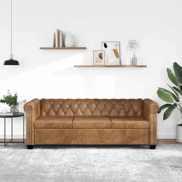 Divano Chesterfield 3 Posti In Pelle Finta Marrone-image