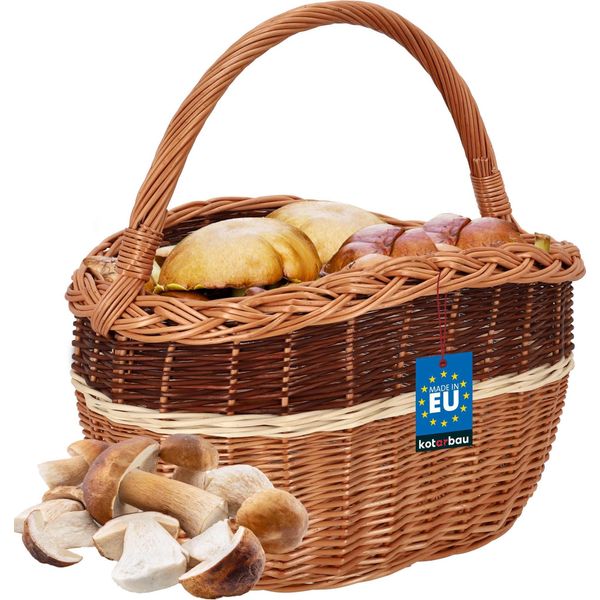 Kotarbau® Cestino Per La Spesa - Cestino Portaoggetti - Cestino In Vimini - 29 X 42 Cm - Cestino Per Funghi - Cestino Per La Frutta - Cestino Da Picnic - Colore Naturale Con Strisce Bianche E Marroni - Cestino In Vimini Con Manico-image