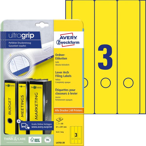 Avery Zweckform® L4755-20 L4755-20 Etichette Per Cartelle - Larghe/Lunghe, (A4 - 20 Fogli) 60 Pezzi, Giallo-image