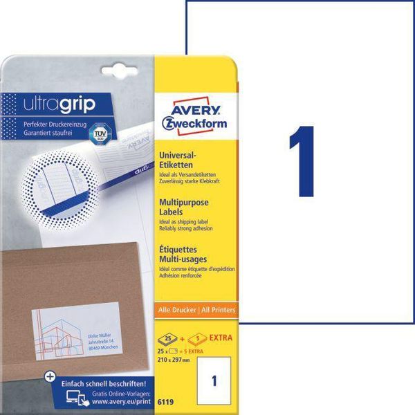 Avery Zweckform 6119 - Etiketten - Weiß - A4 (210 X 297 Mm) - 25 Etikett(En) (6119)-image