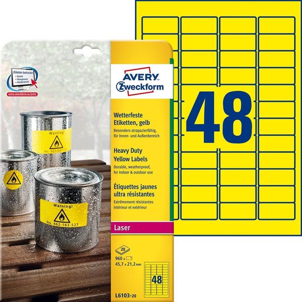 Avery Zweckform L6103 - Etichette Adesive Permanenti In Poliestere Resistenti All'acqua - Giallo - 45,7 X 21,2 Mm - 960 Etichette (20 Fogli X 48) (L6103-20)-image