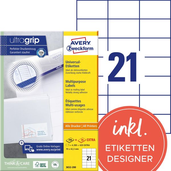 Avery Zweckform 3652 - Etichette Multiuso - Bianco - 42,3 X 70 Mm - 4200 Etichette (21 Fogli X 200) (3652-200)-image