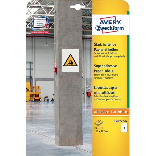 Avery Zweckform® L7877-20 L7877-20 Etichette Di Carta - A4, 20 Pezzi, 210 X 297 Mm, Altamente Adesive, Bianco-image