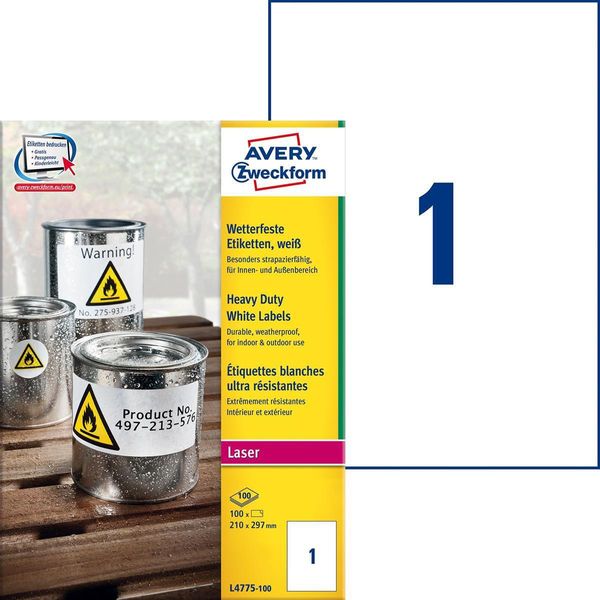 Avery Durable Heavy Duty L4775 - Poliestere - Adesivo Permanente - Bianco - 210 X 297 Mm 100 Etichette (100 Fogli X 1) Etichette (L4775-100)-image