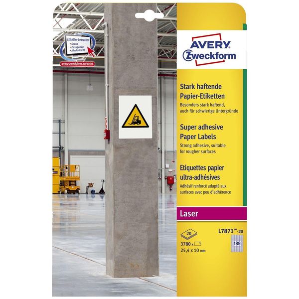 Avery Zweckform® L7871-20 L7871-20 Etichette Di Carta - A4, 3.780 Pezzi, 25,4 X 10 Mm, Adesivo Forte, Bianco-image