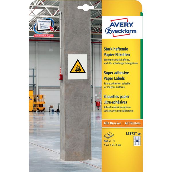 Avery Zweckform® L7873-20 L7873-20 Etichette Di Carta - A4, 960 Pezzi, 45,7 X 21,2 Mm, Adesivo Forte, Bianco-image