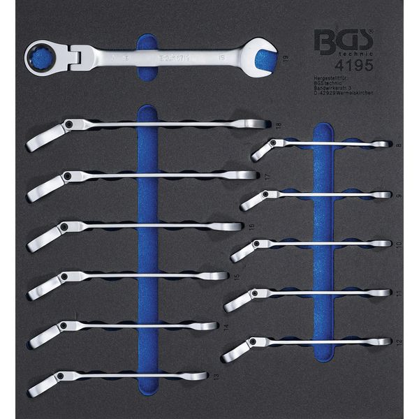Bgs Carrello Officina Inserto 2/3: Set Di Chiavi Ad Anello A Cricchetto Angolate Sw 8 - 19 Mm 12 Pz. - 4195-image