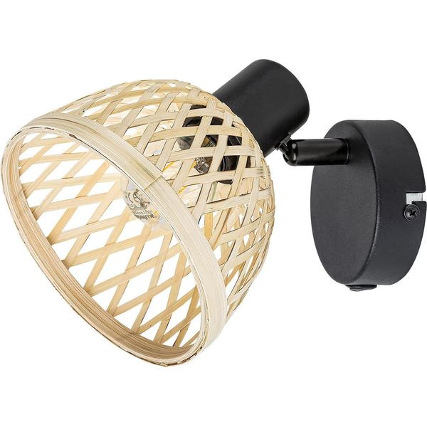 Faretto Rattan Metallo Nero Opaco E14 1X Max 15W Lampada Da Parete Lampada Da Parete Rattan H:14Cm Ø13,5Cm L:15Cm-image