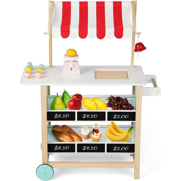 Negozio Di Alimentari Per Bambini Costway, Negozio Giocattolo A 3 Livelli Con 6 Giocattoli Gelato E Bilancia, Campana E Lavagna, Negozio Di Alimentari In Legno Di Pino Con 2 Ruote Antiscivolo Per Bambini Dai 3 Anni In Su-image