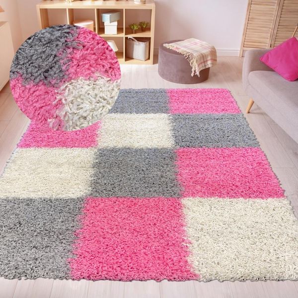 Tappeto Shaggy A Pelo Alto Con Motivo A Quadri Rosa Grigio Crema Dimensioni - 160 X 230 Cm-image