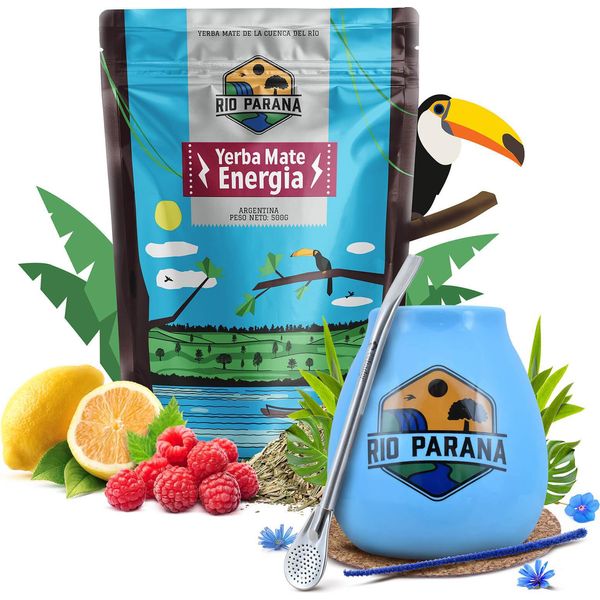 Set Da Tè Rio Parana Energia 500G Calabash Mate, Tazza Blu 330 Ml + Bombilla-image