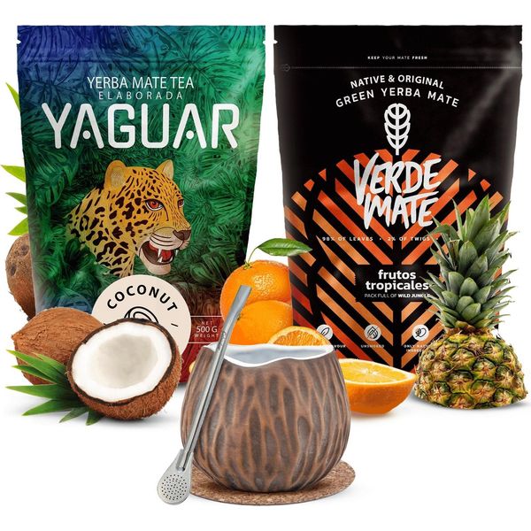 Verde Mate Set Da Tè Yaguar Mate + Noce Di Cocco Calabash In Ceramica + Bombilla-image