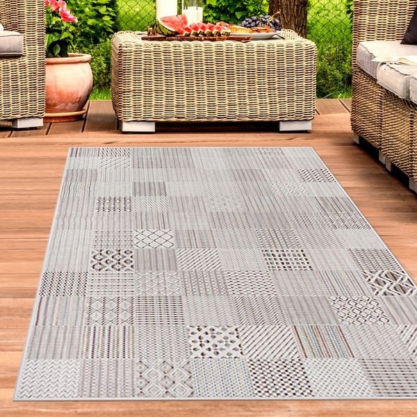 Tappeto Per Esterni Per Il Soggiorno Con Motivo A Piastrelle In Grigio Crema Dimensioni - 200 X 290 Cm-image