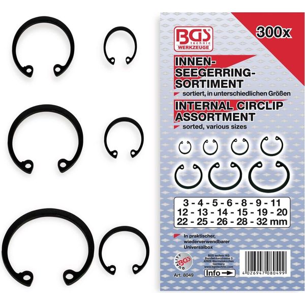 Bgs Assortimento Di Anelli Di Sicurezza Interni (Circlip) Ø 3 - 32 Mm 300 Pz. - 8049-image