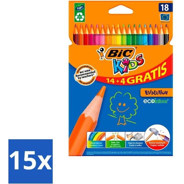 Bic Kids - Matite Colorate - Colori Assortiti - Eco - Evolution - 18 Matite - Confezione Risparmio - 15 Pezzi-image