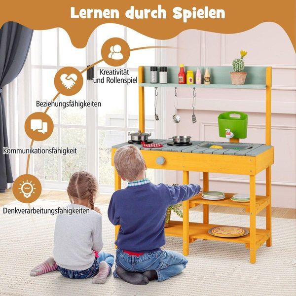 Cucina Di Fango Per Bambini, Cucina Per Bambini Da Esterno In Legno Con Funzione Acqua, Cucina Giocattolo Con Ganci E Ripiano Rimovibile, Arancione-image