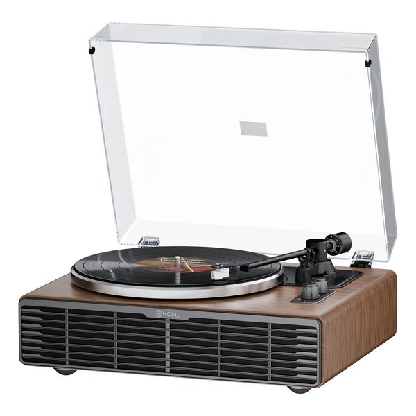 Giradischi Bluetooth In Noce Giradischi Con 4 Altoparlanti | Trazione A Cinghia | Testina AT3600L | Uscita Rca Phono/Linea | Coperchio Trasparente-image