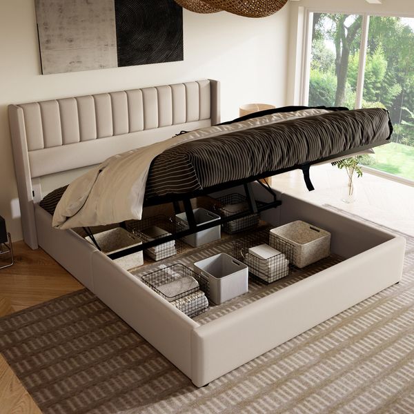 Letto Imbottito Flieks 140X200Cm, Letto A Molle Idrauliche Con Rete A Doghe, Letto Contenitore Letto Matrimoniale Letto In Legno Massiccio, Tessuto Di Lino, Beige-image