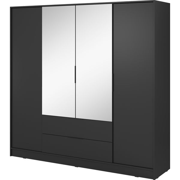 Armadio Moderno In Nero Con Specchio Centrale - Dimensioni: 206 X 200 X 51 Cm - Design Elegante E Versatile-image