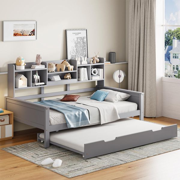 Lvhom Daybed 90X200Cm Con Letto Estraibile 90X190Cm, Divano Letto Con Contenitore, Daybed Allungabile In Pino, Letto Singolo Con Rete A Doghe, Grigio-image