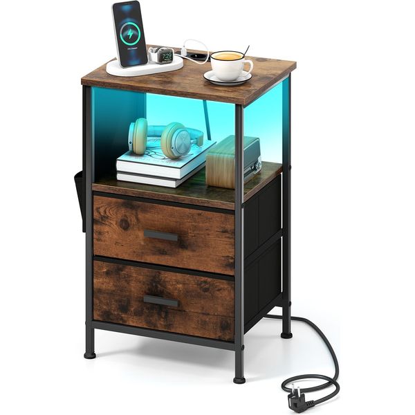 Comodino Costway, Tavolino Con Illuminazione A Led, 2 Cassetti, Tasche Laterali, Porte E Prese Usb, Comodino, 38X30X60Cm-image