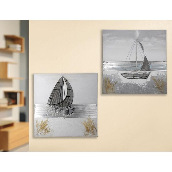 Gilde Bild, Quadratisch, "Sailing"", Bootmotiv, Aluminium, Leinwand, Creme, Grau, Silberfarben, , 2 StüCk Wie Abgebildet, B. 50 Cm, H. 50 Cm 38743"-image