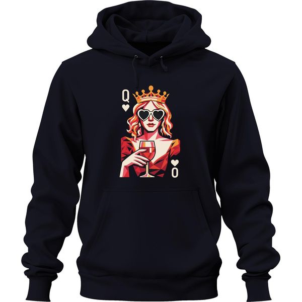 Queen Of Hearts Wine Glass Popart Crown Heart Glasses Wine Retro Unisex Hoodie Hoodie, Navy, 3XL-image