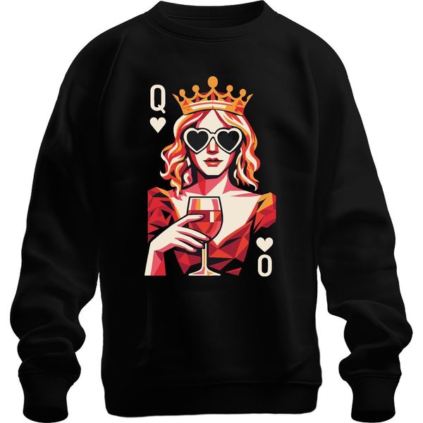 Queen Of Hearts Wine Glass Popart Crown Heart Glasses Wine Retro Unisex Felpa Pullover, Nero, Xl-image