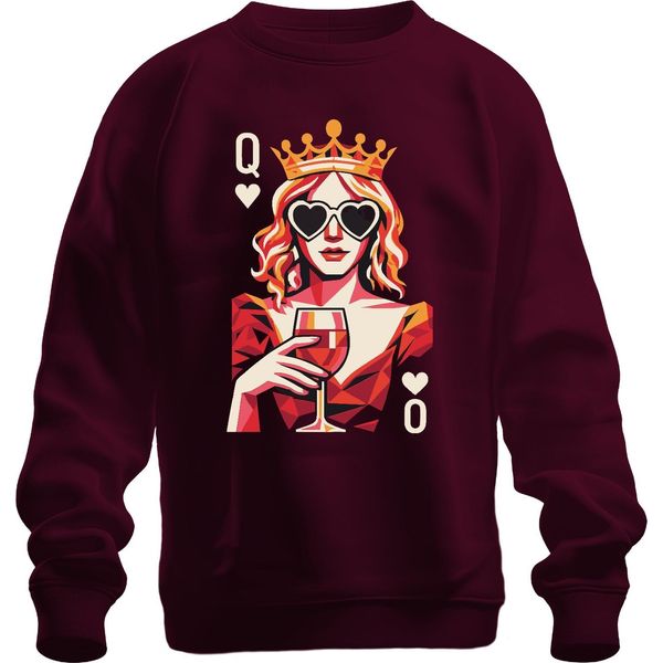 Queen Of Hearts Wine Glass Popart Crown Heart Glasses Wine Retro Unisex Felpa Pullover, Borgogna, M-image