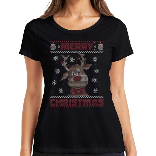 Maglietta Da Donna Merry Christmas Ugly Sweater Reindeer Christmas Gift, Nero, Xl-image