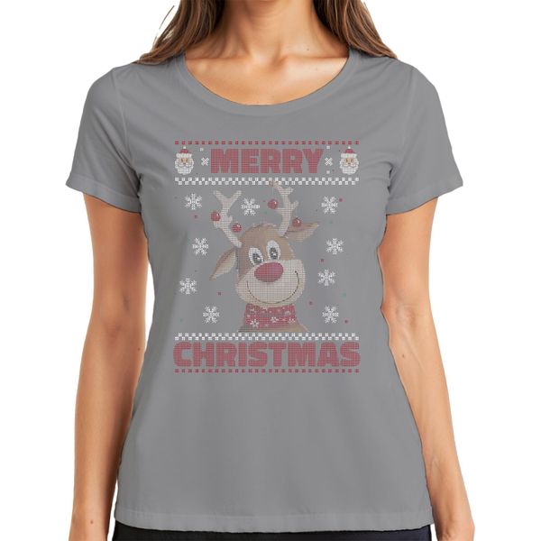 Maglietta Da Donna Merry Christmas Ugly Sweater Reindeer Christmas Gift, Grigio, Xl-image