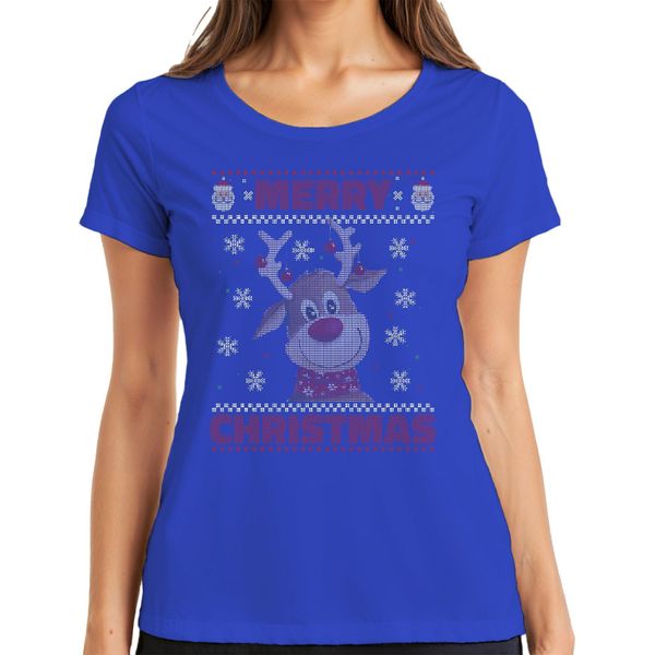 Maglietta Da Donna Merry Christmas Ugly Sweater Reindeer Christmas Gift, Blu, L-image
