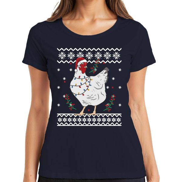 Cappello Di Natale Chicken Friends - Maglietta Da Donna Con Maglione Natalizio, Navy, 3XL-image