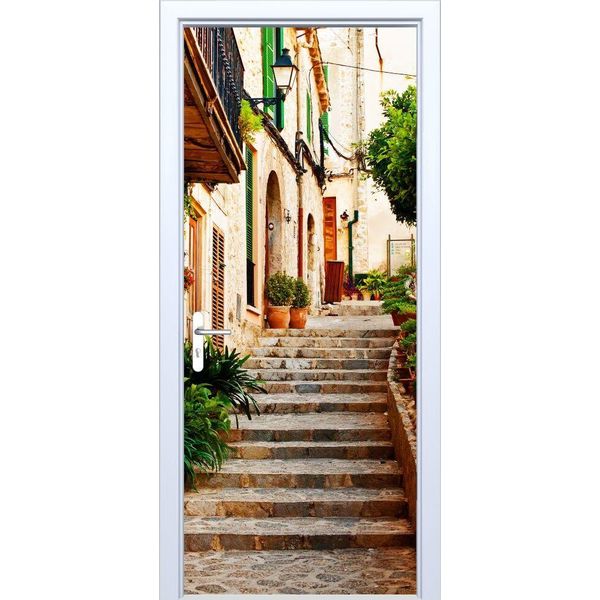 Adesivo Per Porta In Tessuto Vecchia Strada Con Scale 003PD-image