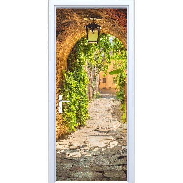 Adesivo Per Porta In Tessuto Vecchia Strada Con Piante 531PD-image