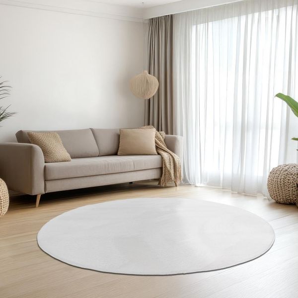Tappeto Bianco In Morbida E Vellutata Pelliccia Di Coniglio Con Una Morbida Lucentezza Dimensioni - 120 Cm Rotondo-image