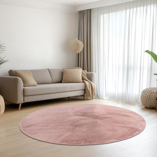 Tappeto Rosa Con Pelliccia Di Coniglio Morbida E Vellutata Dimensioni - 160 Cm Rotondo-image