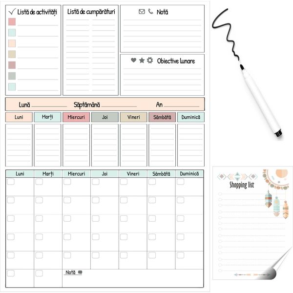 Agenda Magnetica Settimanale E Mensile Per Il Frigorifero + Pennarello E Lista Della Spesa-image