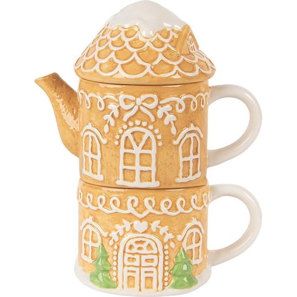 Clayre & Eef Tea For One Casa Di Pan Di Zenzero 550 Ml / 450 Ml Vetroceramica Marrone-image
