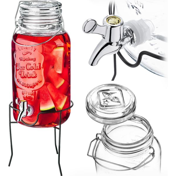 Distributore Di Bevande Kadax In Vetro, 4 Litri, Distributore D'acqua Con Rubinetto E Coperchio, Distributore Di Succhi Di Frutta, Distributore Di Limonata, Caraffa In Vetro, Bottiglia Con Rubinetto, Distributore Per Bevande Fredde, Dispenser-image