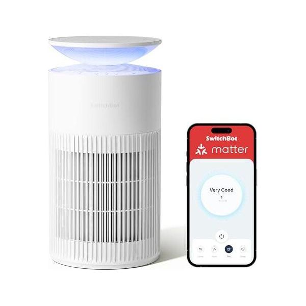 Purificatore D'aria Switchbot Controllo App Luce Notturna, Cadr 400 M³/H Verso L'alto 83 ㎡ Stanza, Filtro Hepa Rimuove 99,97% Muffa Polvere Polline, 20 Db Modalità Sleep-image