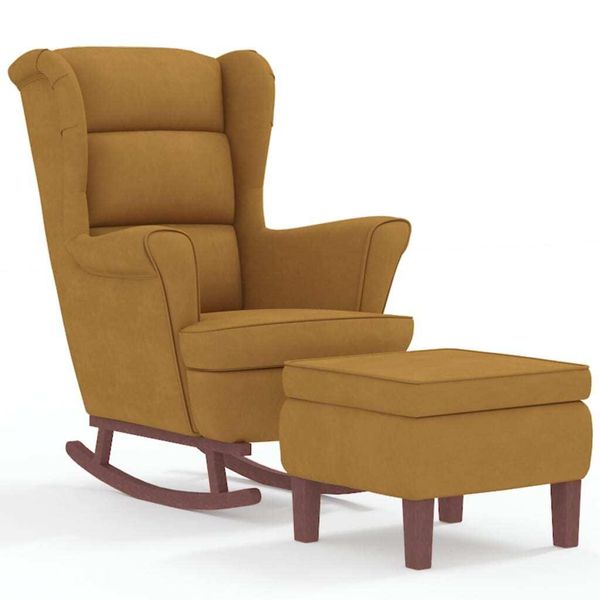 Sedia A Dondolo E Sgabello Con Gambe In Legno In Velluto Marrone-image
